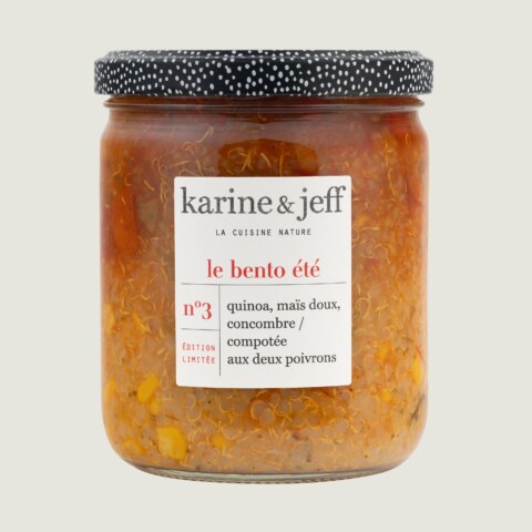 Quinoa, maíz dulce, pepino / compota de dos pimientos